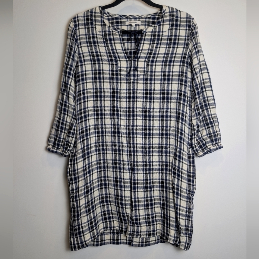 Madewell Blue White Plaid Shirt Dress Tunic Boho Casual Size Small